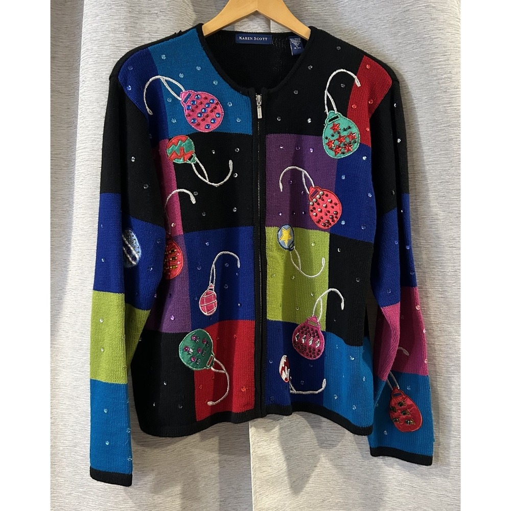 Karen Scott Ornament Colorblock Christmas Cardigan Size Large